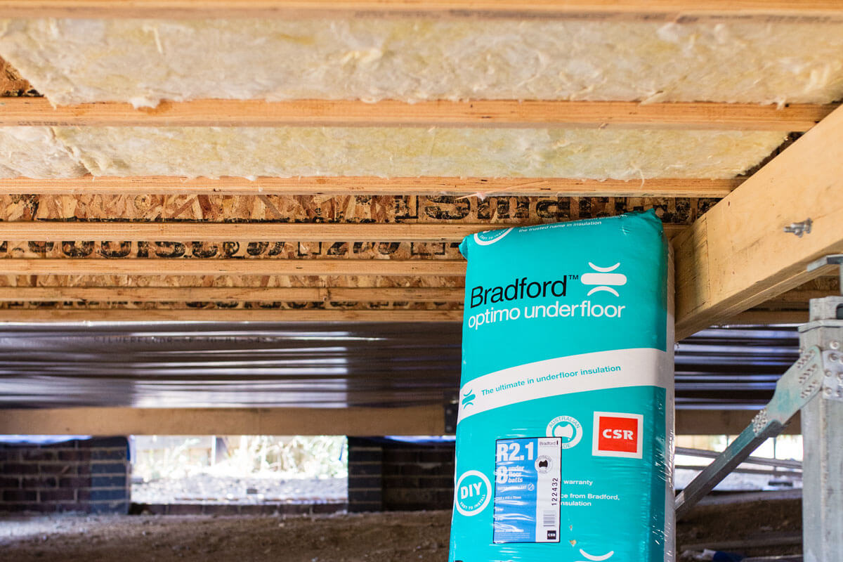 Bradford Optimo Underfloor insulation pack under a timber floor fitted with batts