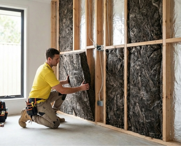 Tradesman in a yellow shirt fitting dark acoustic batts into a wall frame
