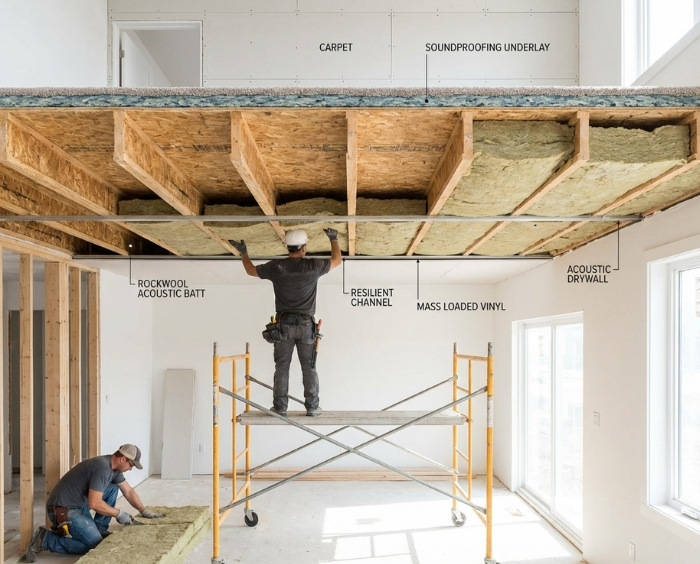 Workers fitting acoustic ceiling batts, labelled: Rockwool acoustic batt, resilient channel, mass loaded vinyl, acoustic drywall