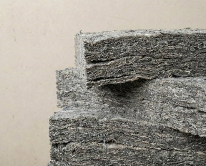 Close-up of a stack of grey acoustic insulation batts