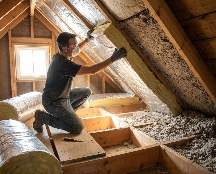 installing insulation batts in ceiling Installer kneeling in an attic fitting foil-backed insulation between rafters