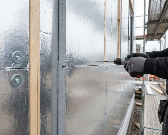 rigid foilboard insulation panels being fitted to an exterior wall Worker screwing rigid foil-faced insulation panels to an exterior wall