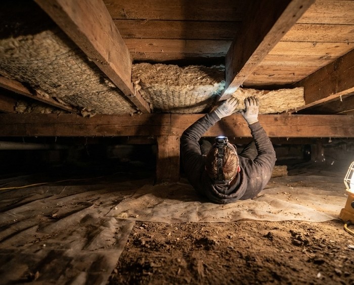 underfloor insulation installation in timber floor Installer lying in a crawl space fitting insulation under timber floorboards
