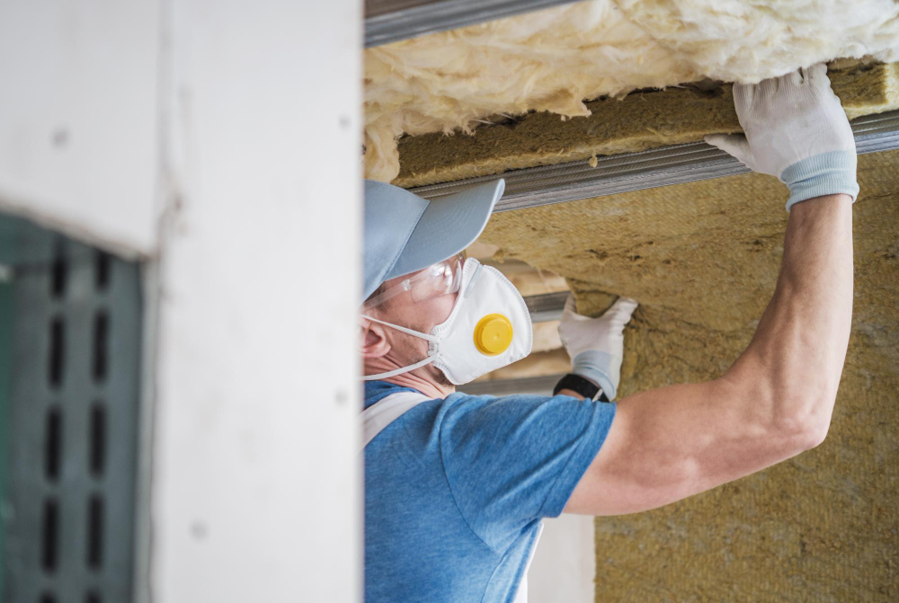 house roof insulation service Installer in a dust mask pushing insulation batts into a ceiling