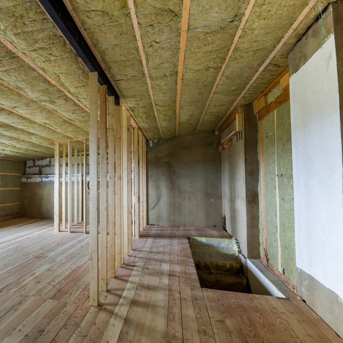 Insulation for New Builds Beechworth Mineral wool insulation fitted to the ceiling and walls of a timber attic room